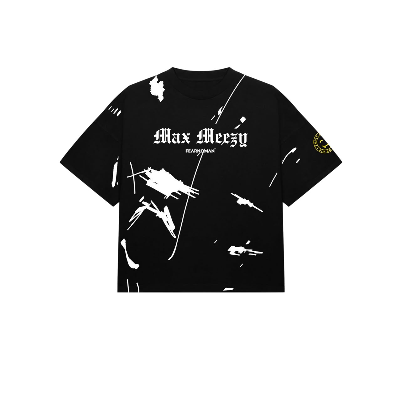 FearnoMan collab tee: oversized black T-shirt with Max Meezy in white gothic lettering above FEARNOMan on the chest and bold white brush-stroke marks across the body, with a yellow smiley sleeve badge