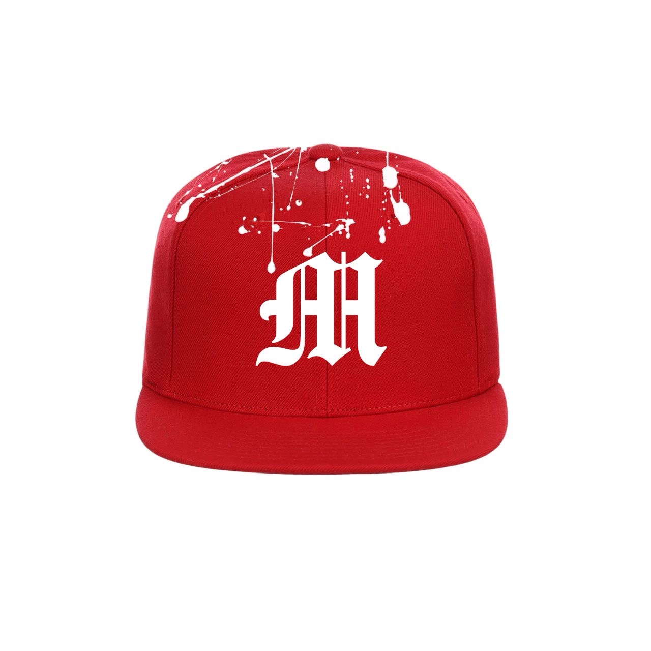 Max Meezy crown cap: red flat-brim snapback seen from the front, white gothic M on the crown with white paint drips and splatters